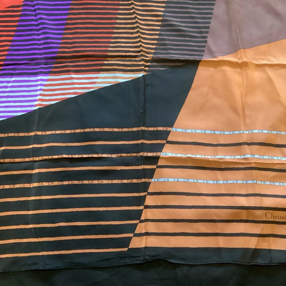Dior Black Scarf with Orange, Purple & Red Geometric Print